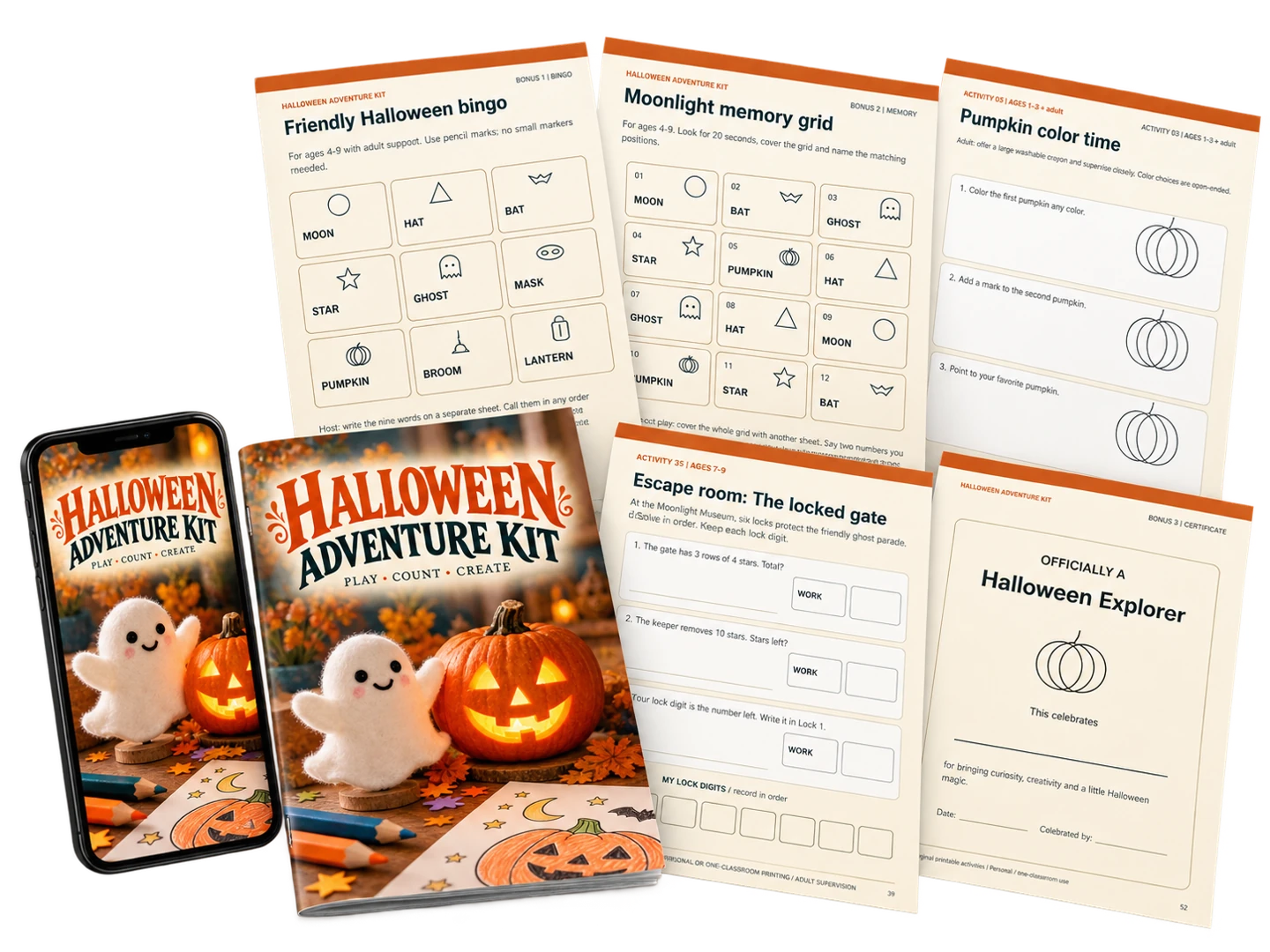 Halloween Adventure Kit booklet, phone and a selection of printable pages