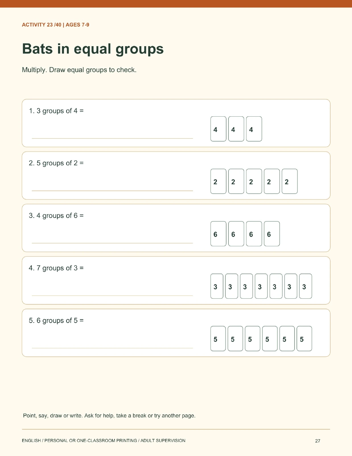 Bats in equal groups printable page