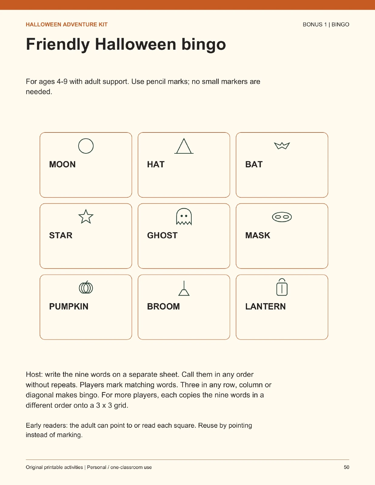 Halloween bingo printable page