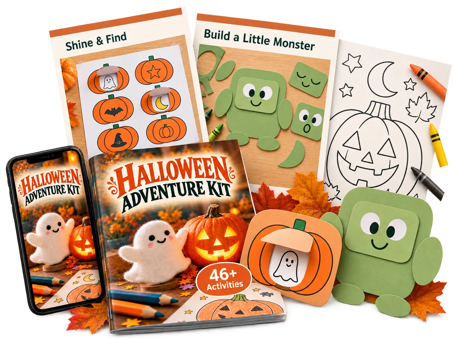 Halloween Adventure Kit with 46+ activities, a booklet, phone, pumpkin flap game and paper monster pages